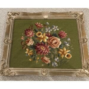 Vintage Needlepoint Rose Flowers In Wood Frame 16" x 13" Shabby Chic